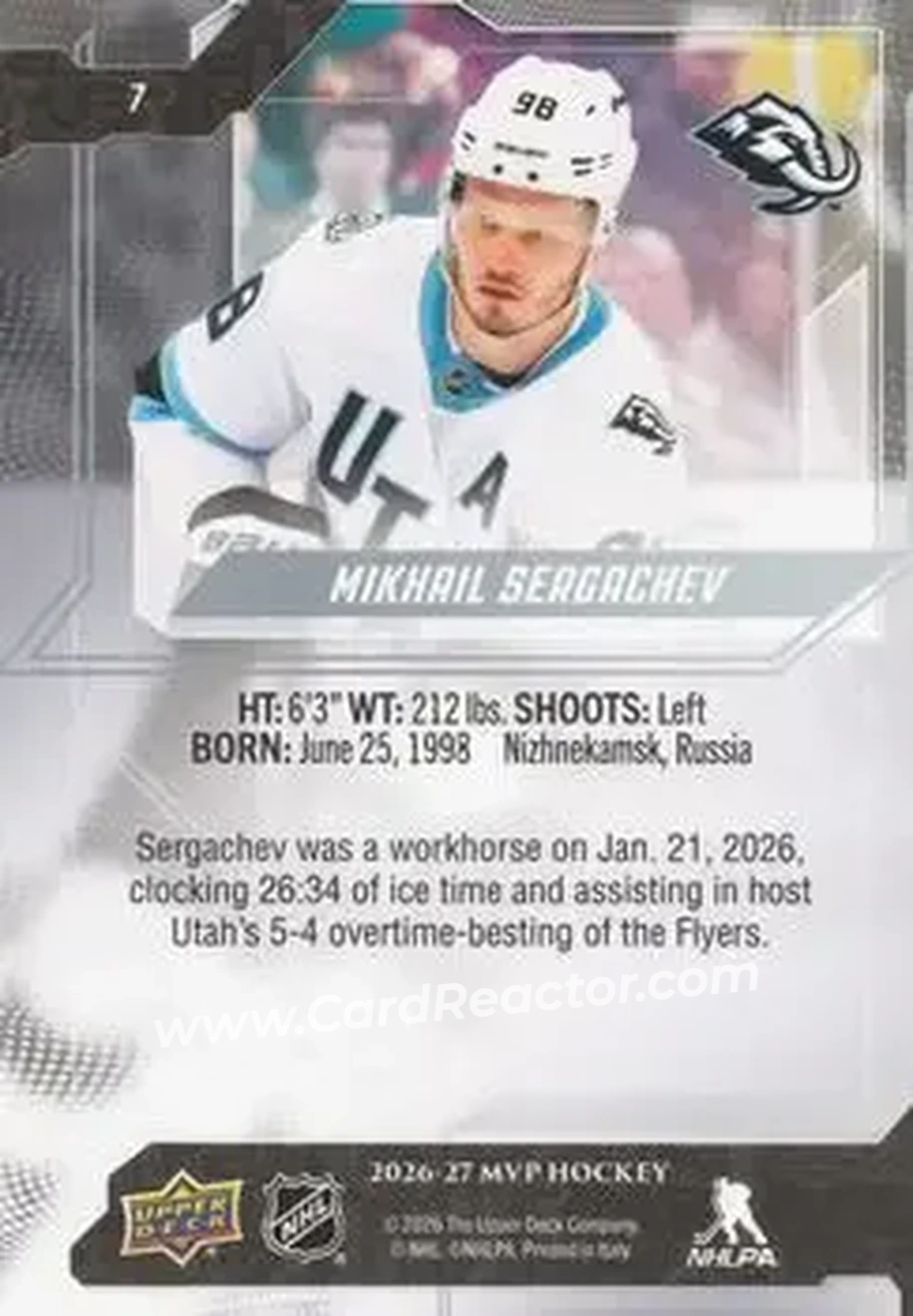 2026-27 Upper Deck MVP #7 - Mikhail Sergachev - Utah Mammoth - Back