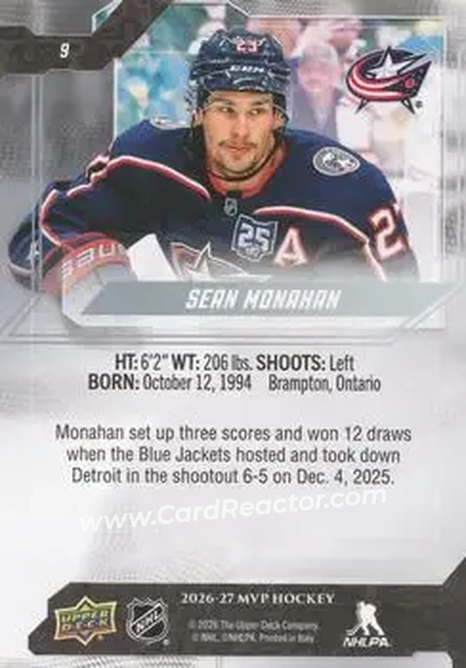 2026-27 Upper Deck MVP #9 - Sean Monahan - Columbus Blue Jackets - Back