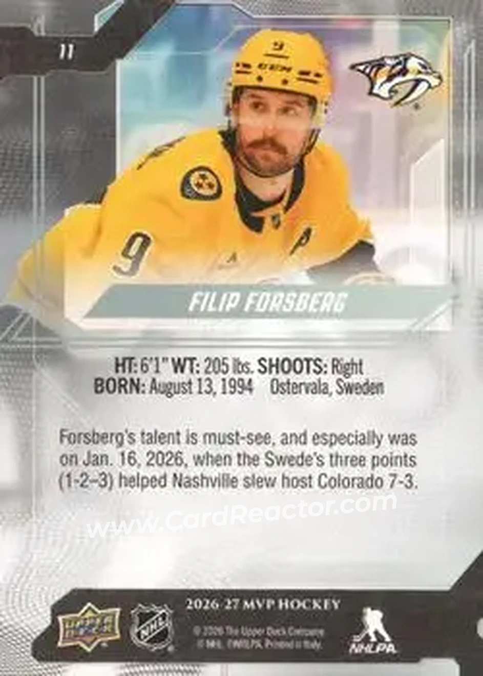2026-27 Upper Deck MVP #11 - Filip Forsberg - Nashville Predators - Back
