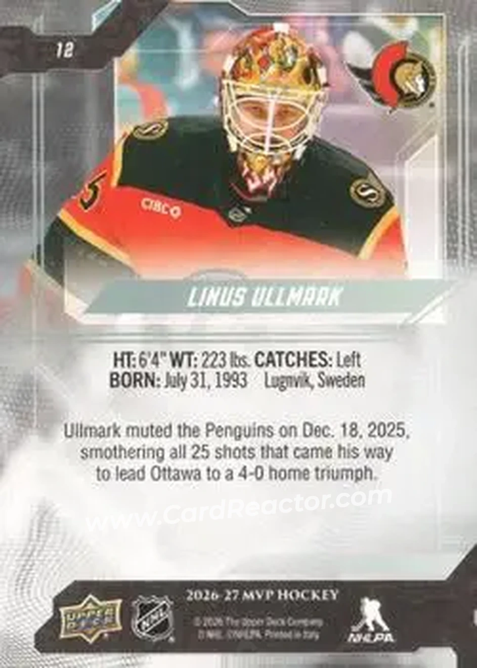 2026-27 Upper Deck MVP #12 - Linus Ullmark - Ottawa Senators - Back