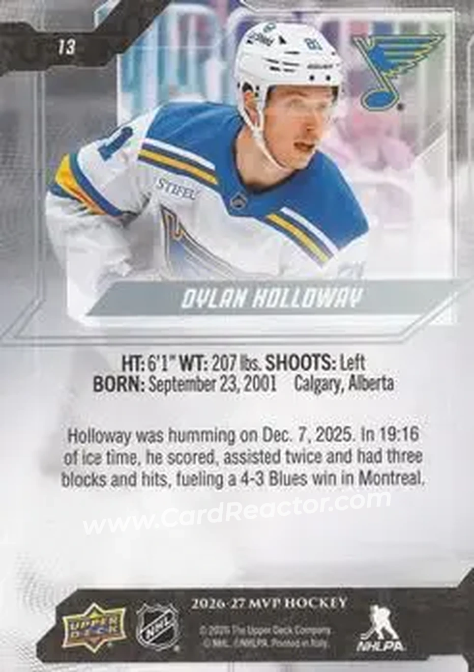 2026-27 Upper Deck MVP #13 - Dylan Holloway - St. Louis Blues - Back
