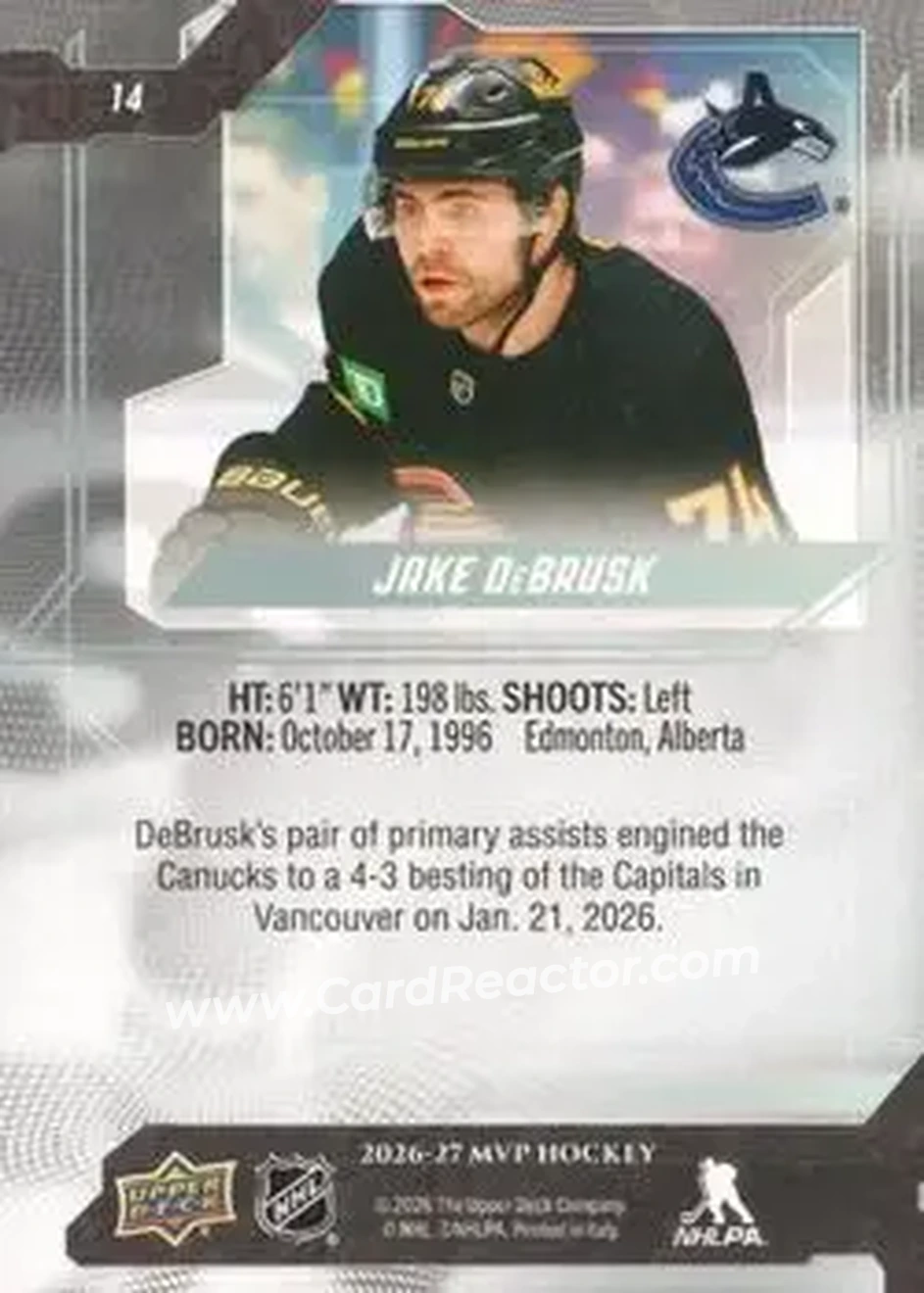 2026-27 Upper Deck MVP #14 - Jake DeBrusk - Vancouver Canucks - Back