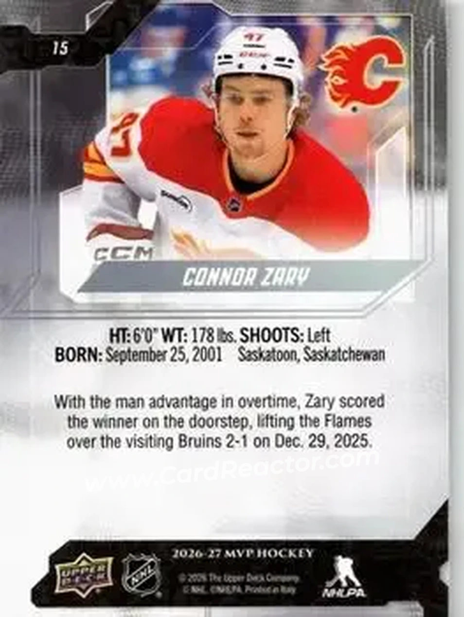 2026-27 Upper Deck MVP #15 - Connor Zary - Calgary Flames - Back