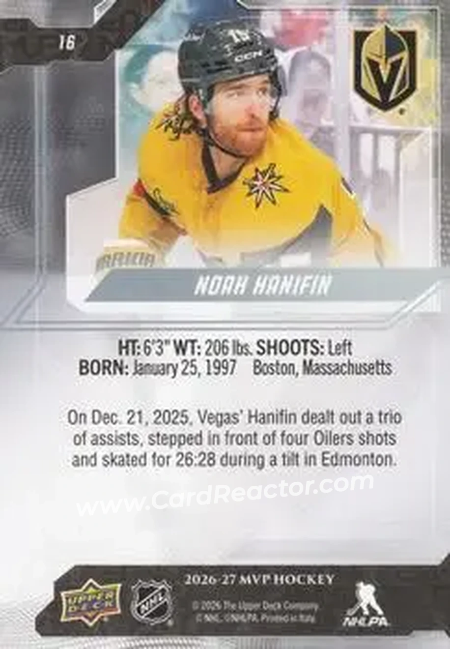 2026-27 Upper Deck MVP #16 - Noah Hanifin - Vegas Golden Knights - Back