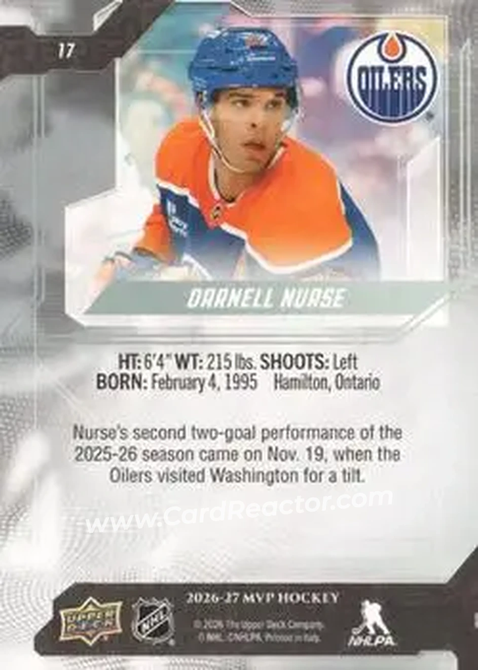 2026-27 Upper Deck MVP #17 - Darnell Nurse - Edmonton Oilers - Back