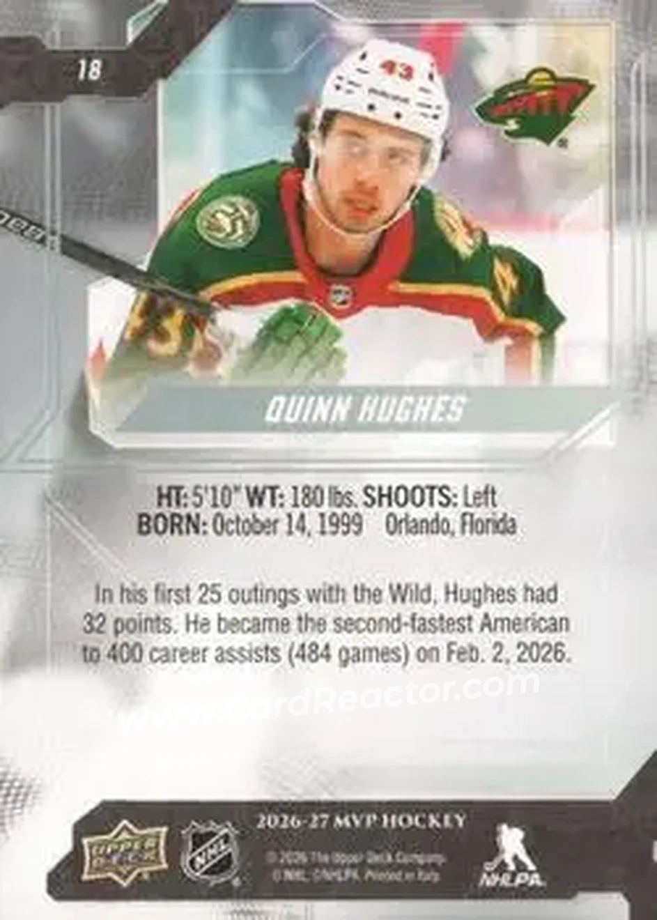 2026-27 Upper Deck MVP #18 - Quinn Hughes - Minnesota Wild - Back