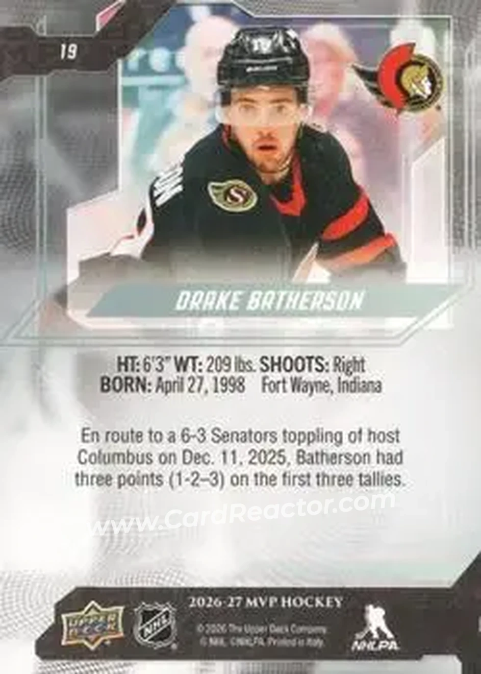 2026-27 Upper Deck MVP #19 - Drake Batherson - Ottawa Senators - Back