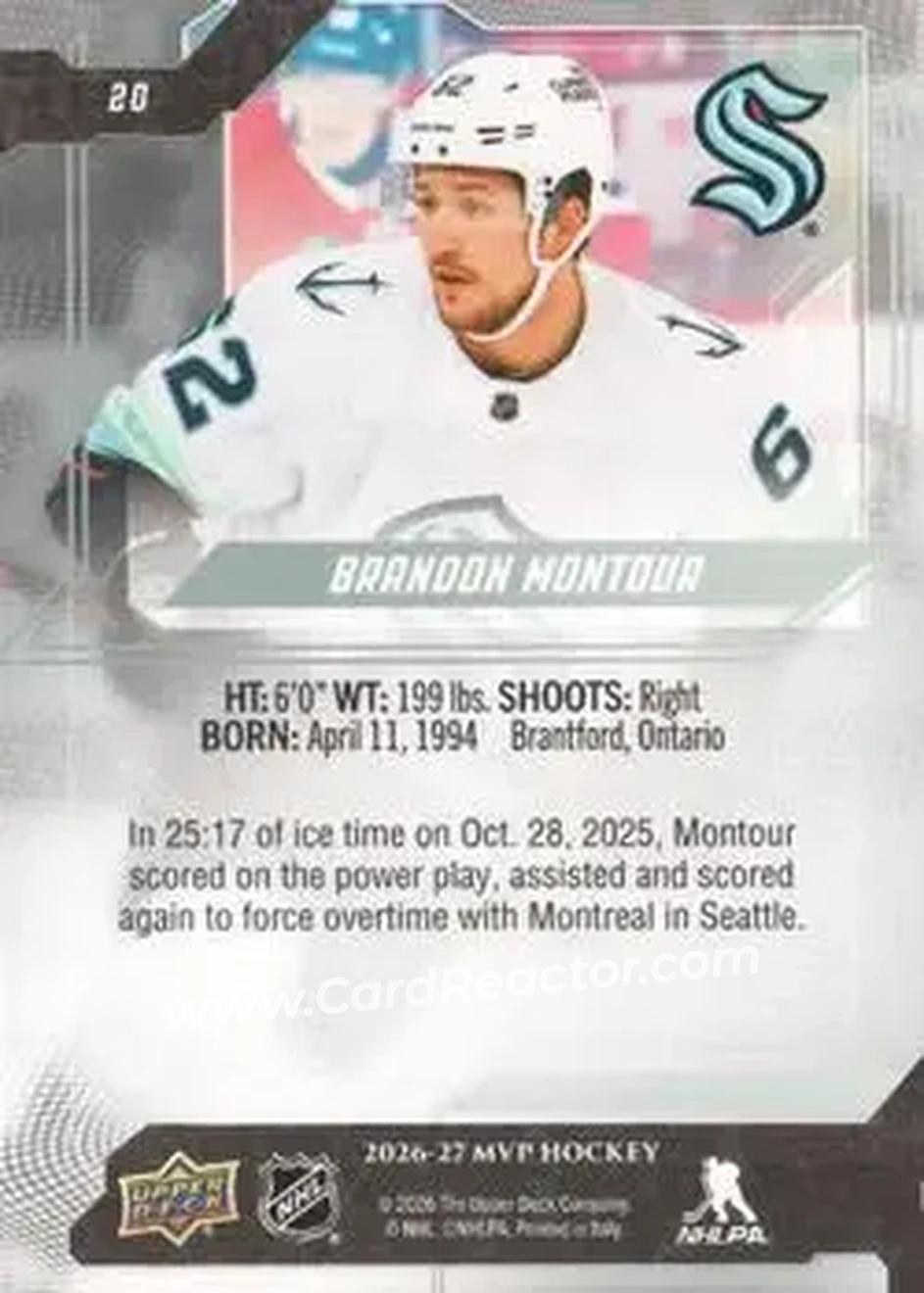 2026-27 Upper Deck MVP #20 - Brandon Montour - Seattle Kraken - Back