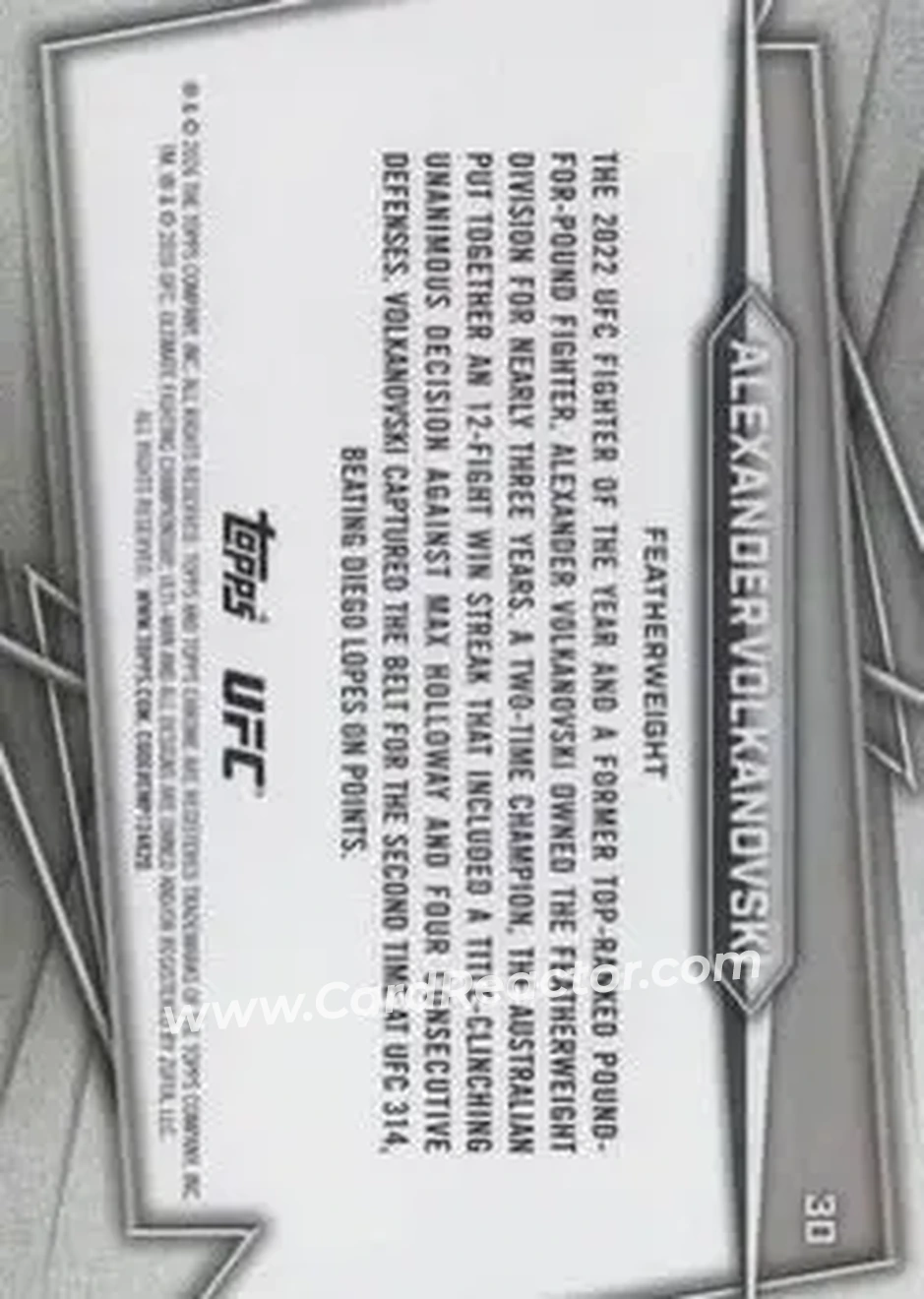 2026 Topps Chrome UFC #30 - Alexander Volkanovski - Back