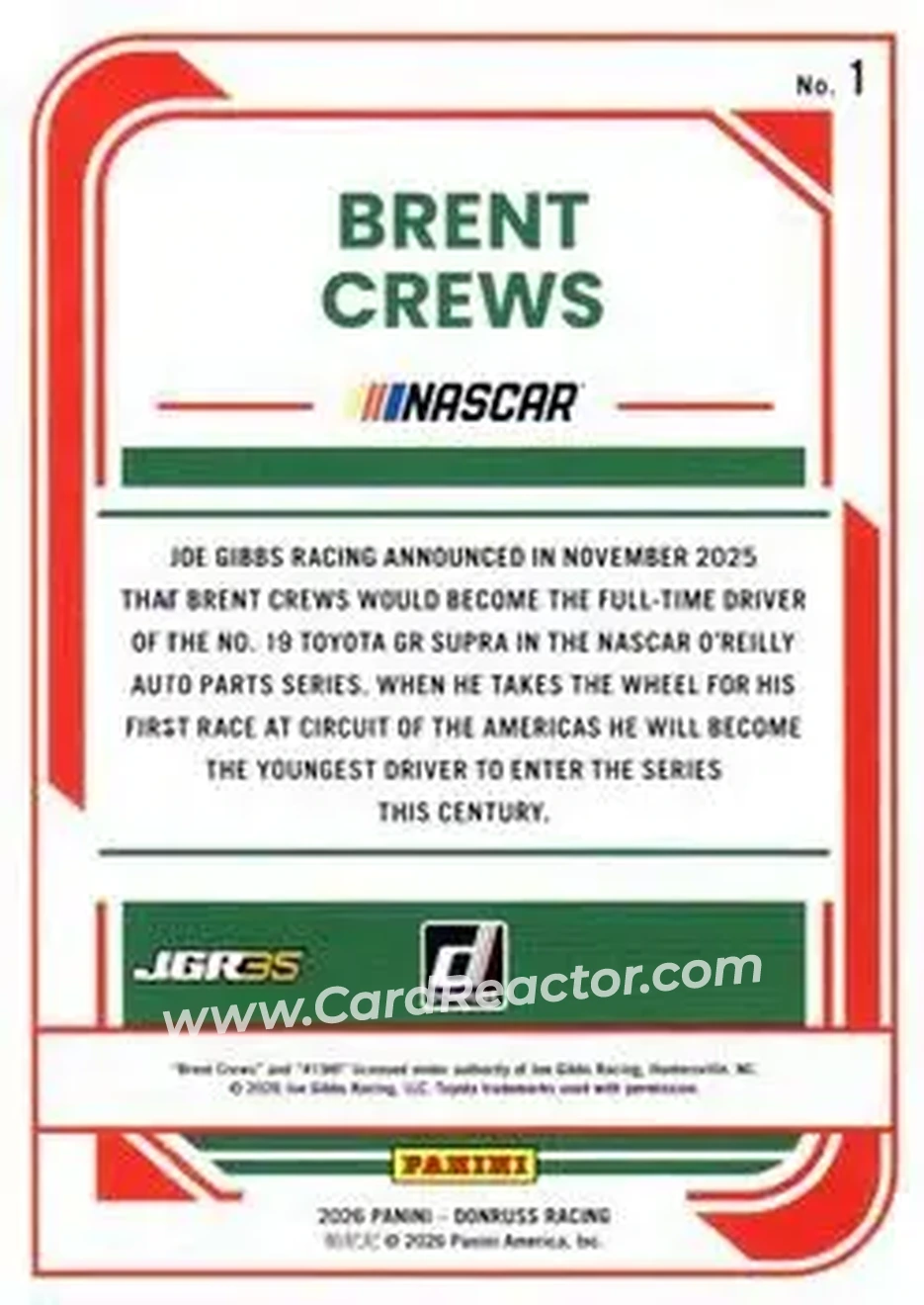 2026 Donruss #1 - Brent Crews - Joe Gibbs Racing - Back