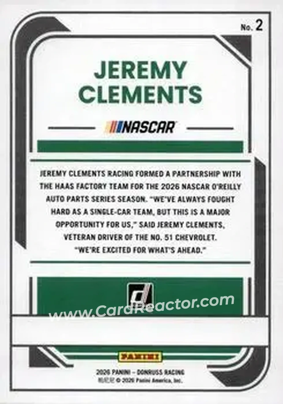 2026 Donruss #2 - Jeremy Clements - Jeremy Clements Racing - Back