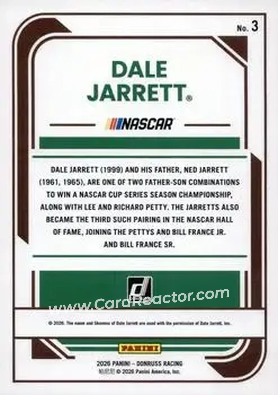 2026 Donruss #3 - Dale Jarrett - Robert Yates Racing - Back