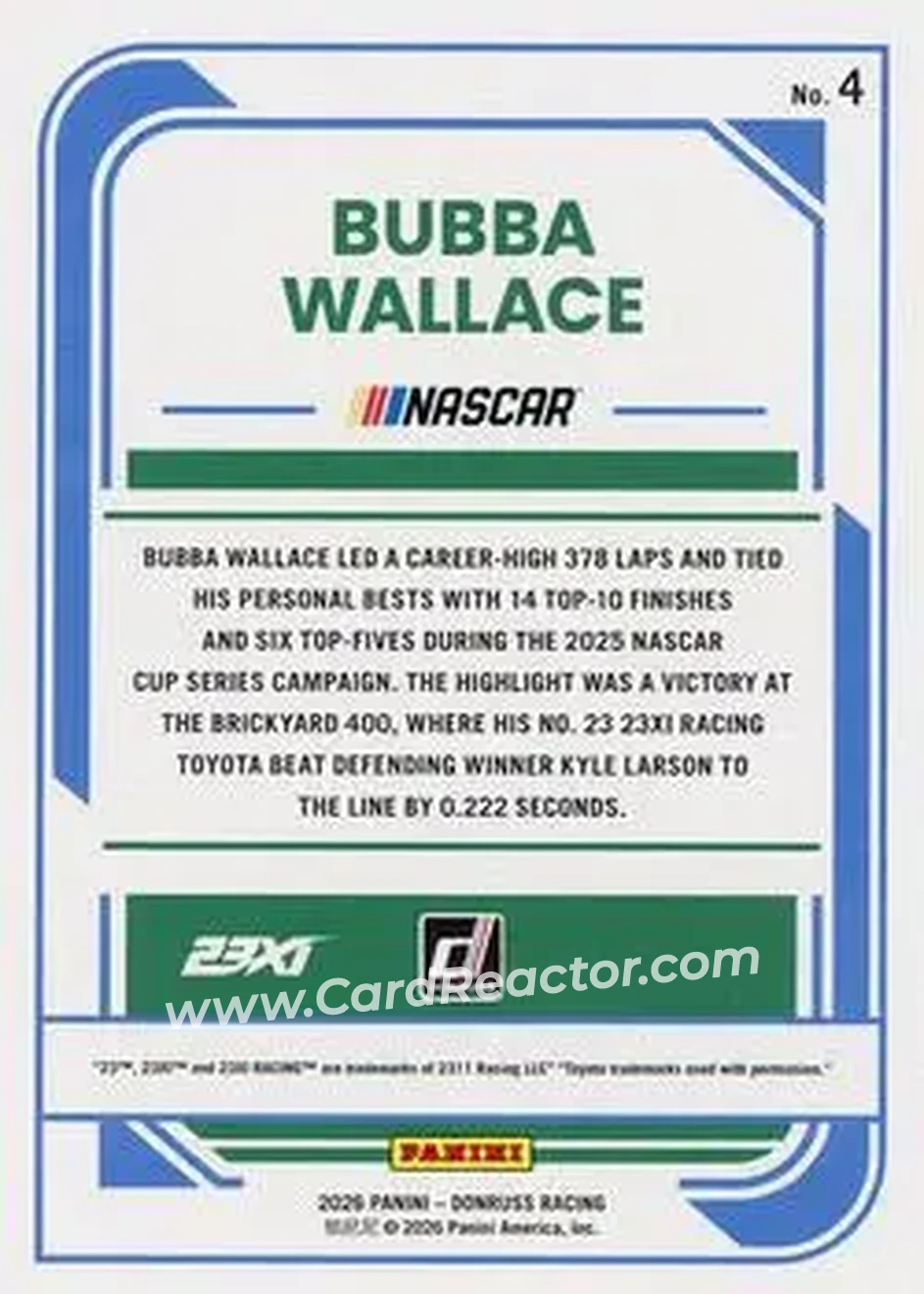 2026 Donruss #4 - Bubba Wallace - 23XI Racing - Back