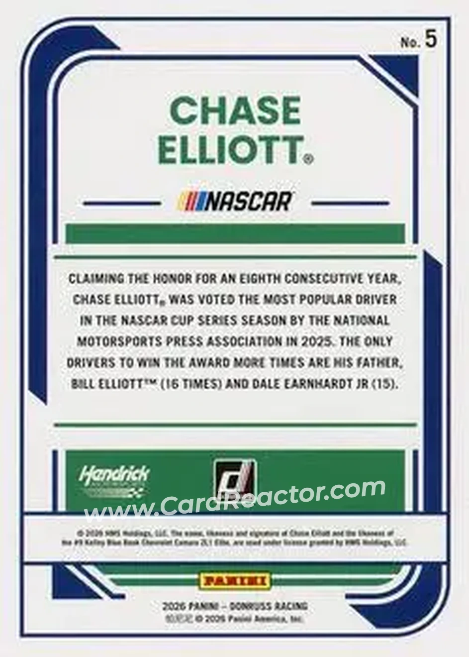 2026 Donruss #5 - Chase Elliott - Hendrick Motorsports - Back