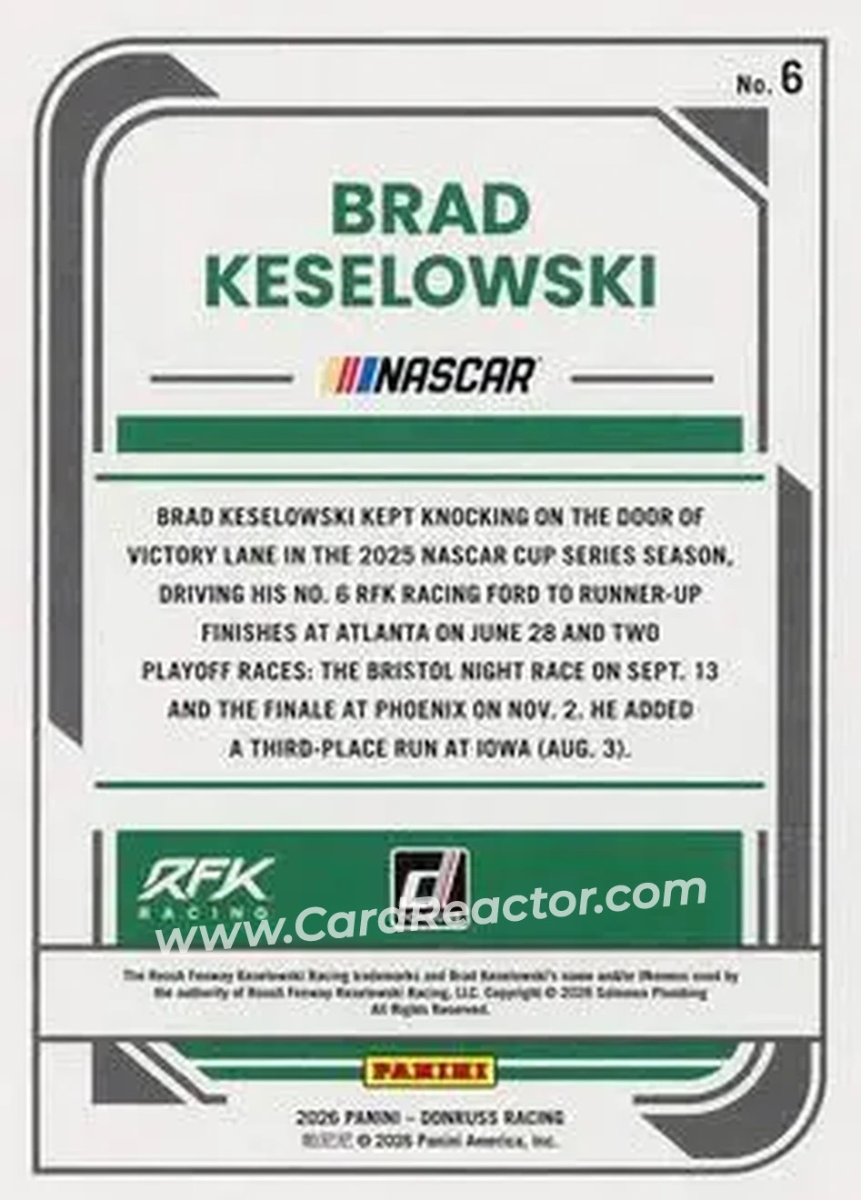 2026 Donruss #6 - Brad Keselowski - RFK Racing - Back