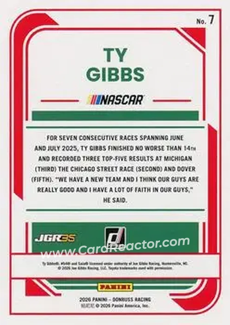 2026 Donruss #7 - Ty Gibbs - Joe Gibbs Racing - Back