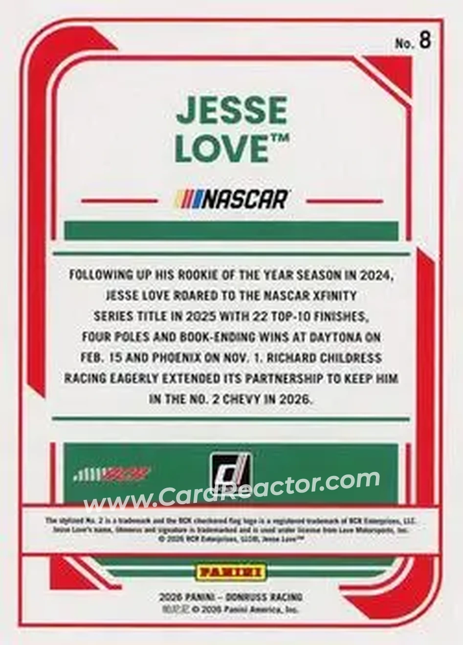 2026 Donruss #8 - Jesse Love - Richard Childress Racing - Back
