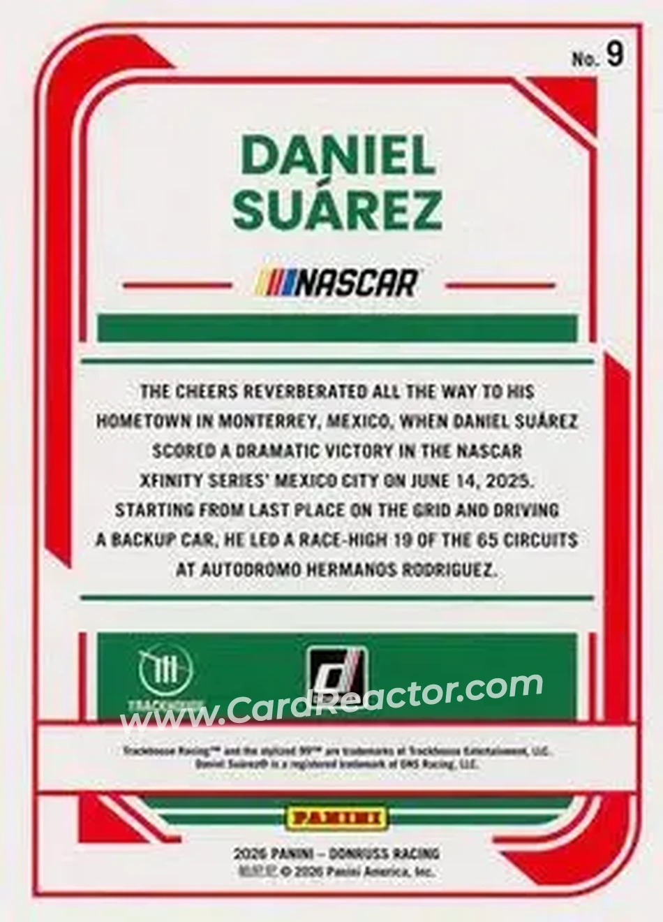 2026 Donruss #9 - Daniel Suarez - Trackhouse Racing - Back
