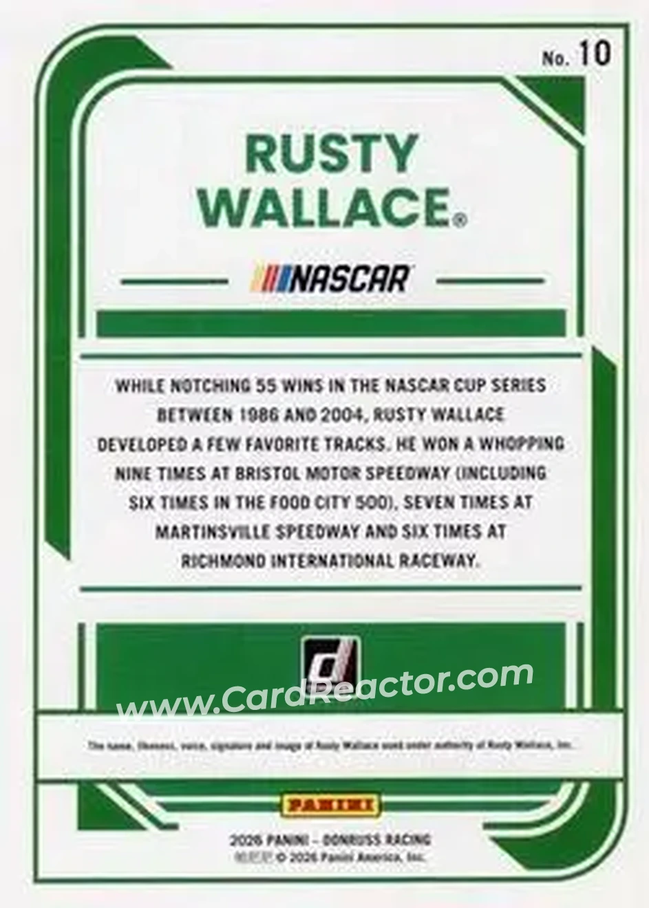 2026 Donruss #10 - Rusty Wallace - Blue Max Racing - Back