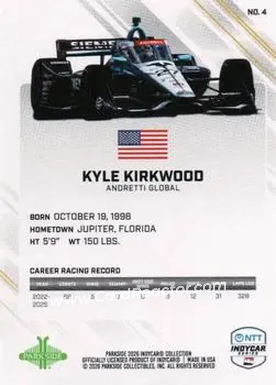 2026 Parkside IndyCar Collection #4 - Kyle Kirkwood - Andretti Global - Back