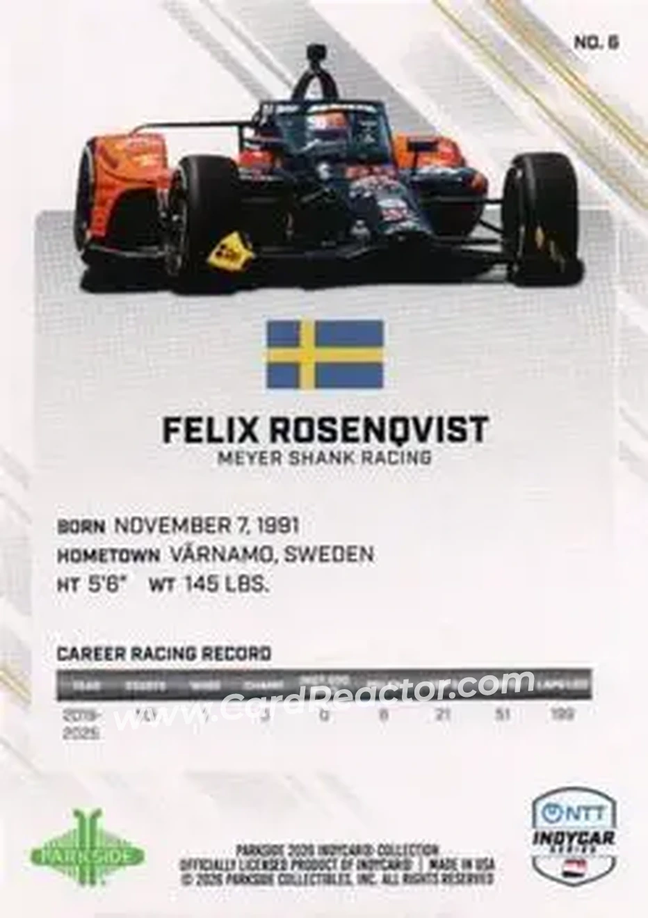 2026 Parkside IndyCar Collection #6 - Felix Rosenqvist - Meyer Shank Racing - Back