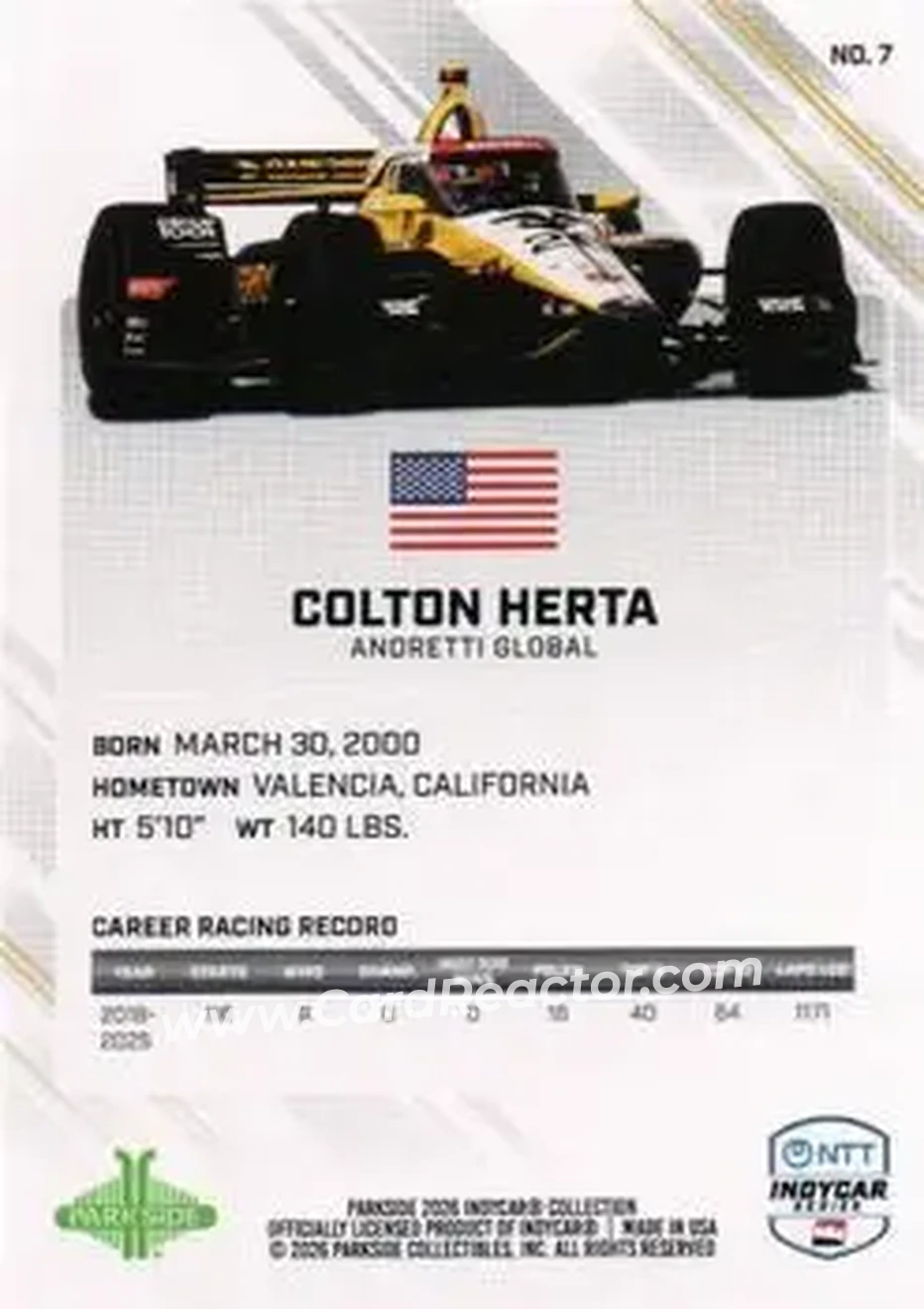 2026 Parkside IndyCar Collection #7 - Colton Herta - Andretti Global - Back