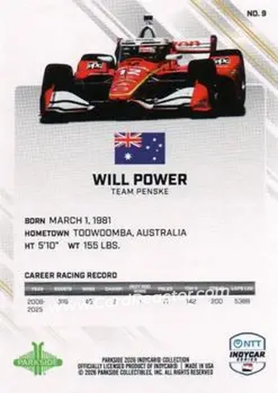 2026 Parkside IndyCar Collection #9 - Will Power - Team Penske - Back