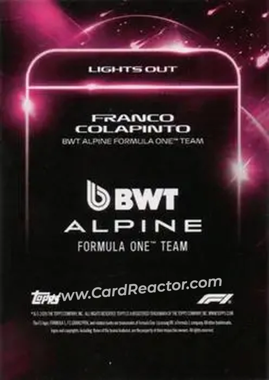 2026 Topps Lights Out Formula 1 #NNO - Franco Colapinto - BWT Alpine F1 Team - Back
