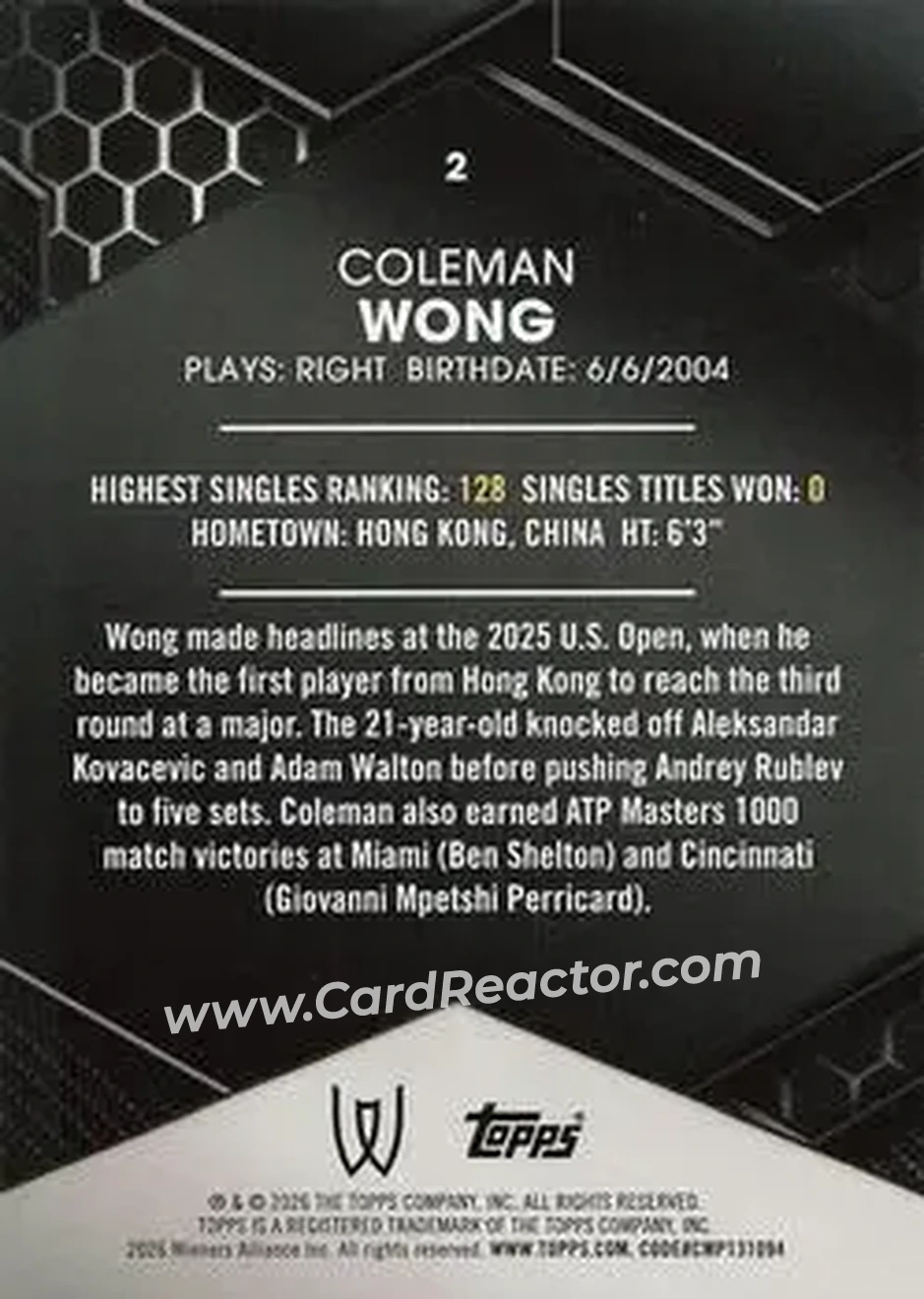 2026 Topps Graphite #2 - Coleman Wong - Back