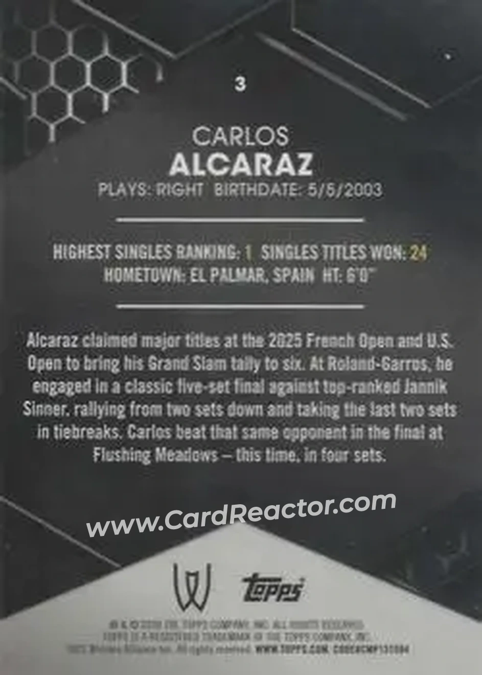 2026 Topps Graphite #3 - Carlos Alcaraz - Back