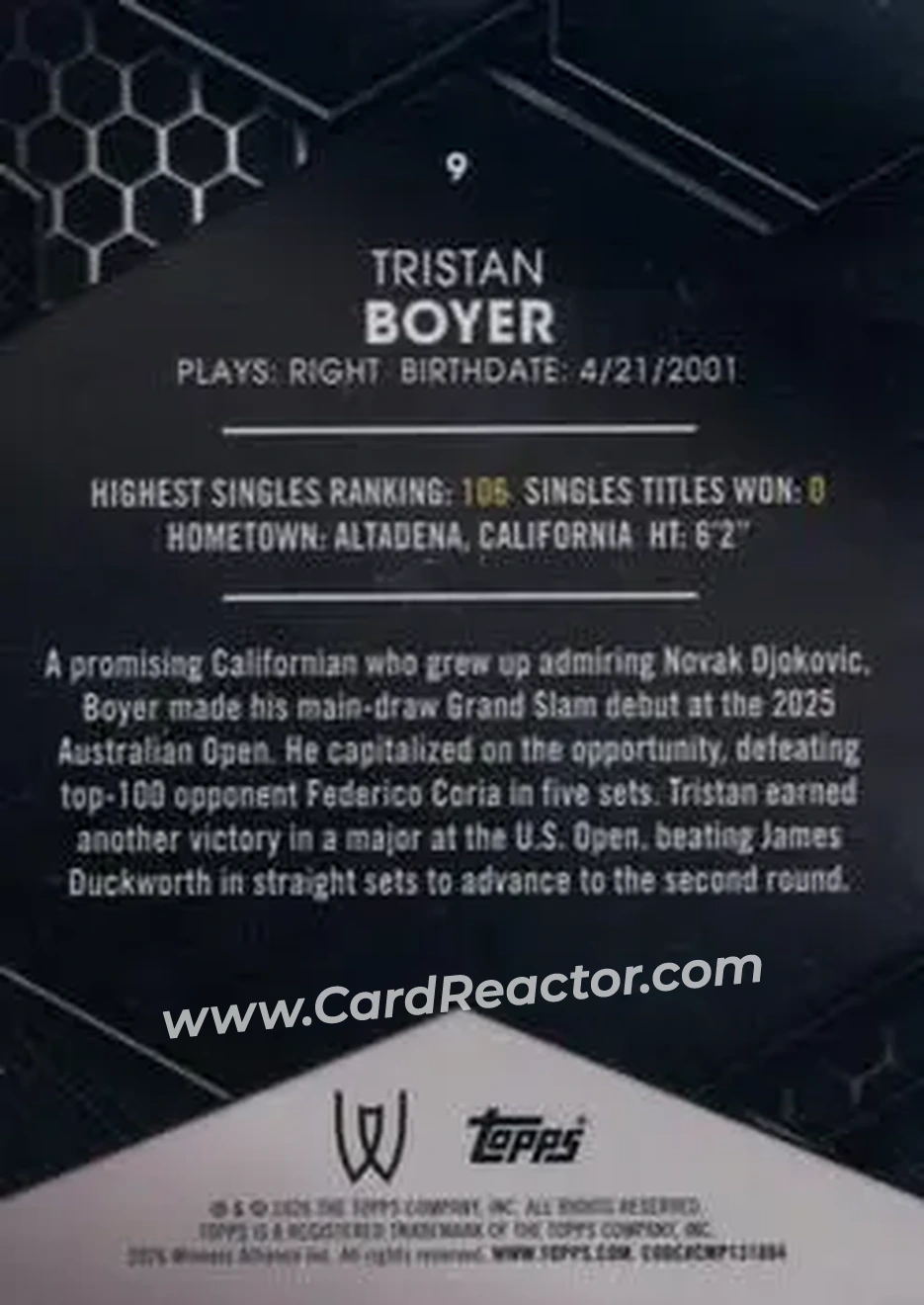 2026 Topps Graphite #9 - Tristan Boyer - Back