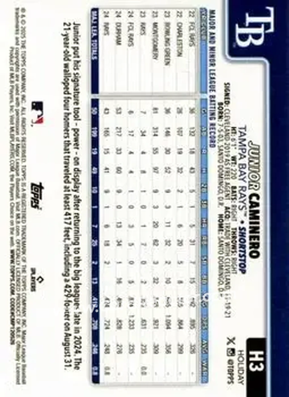 2025 Topps Holiday #H3 - Junior Caminero - Tampa Bay Rays - Back