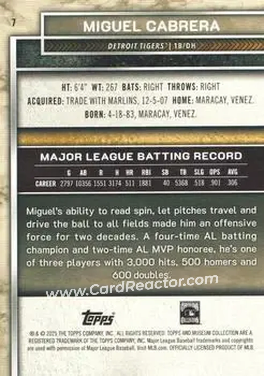 2025 Topps Museum Collection #7 - Miguel Cabrera - Detroit Tigers - Back