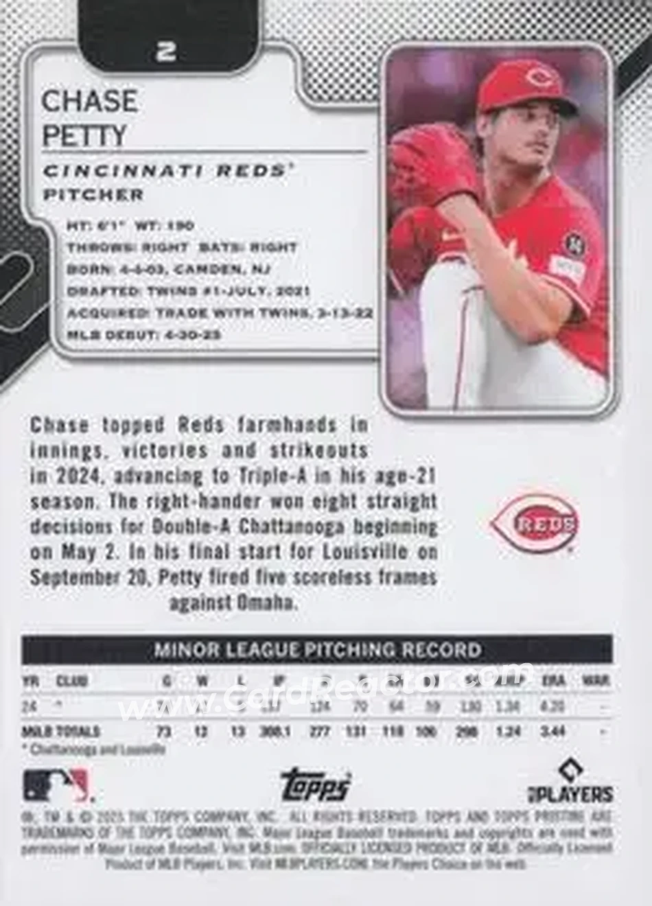 2025 Topps Pristine #2 - Chase Petty - Cincinnati Reds - Back