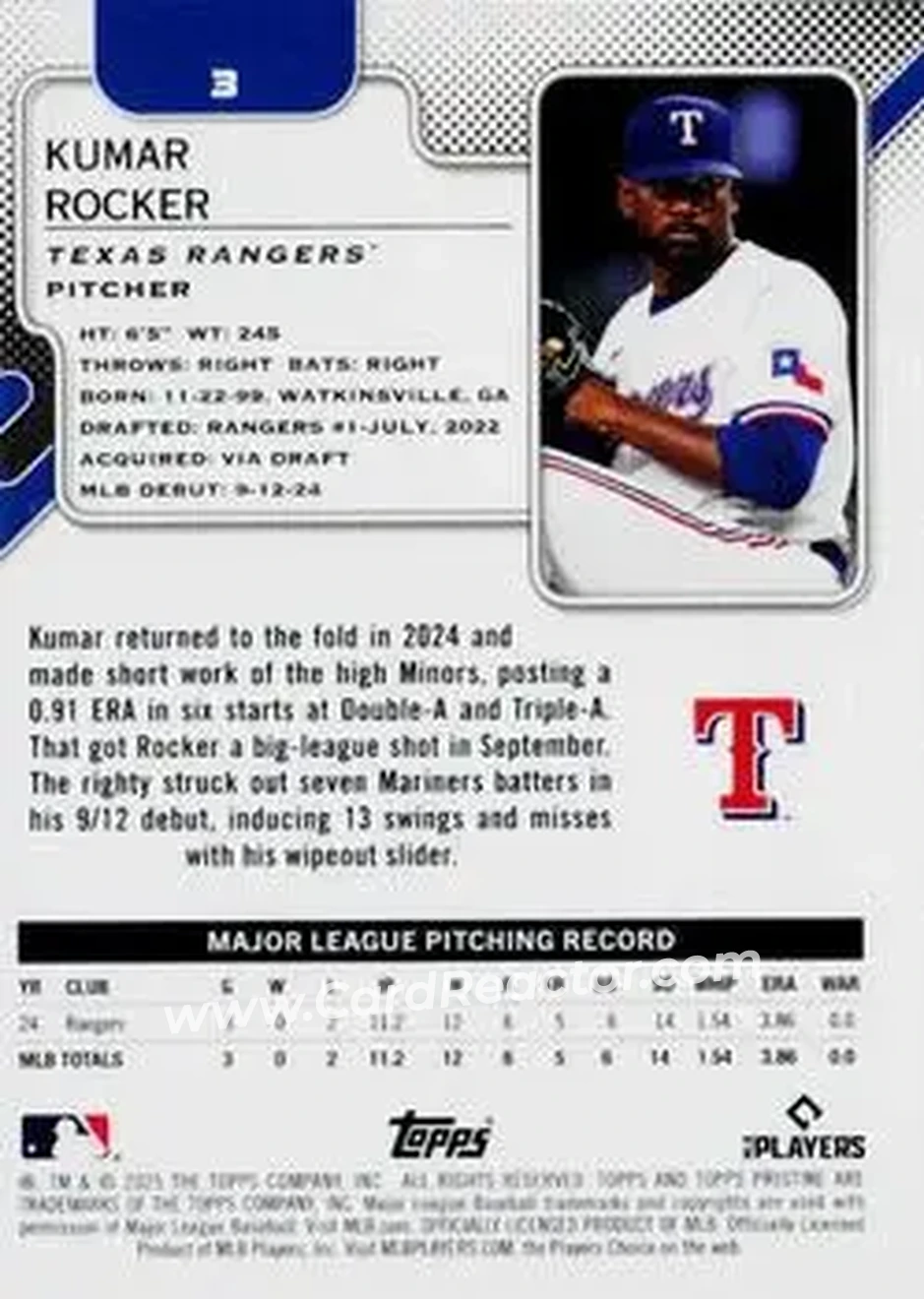 2025 Topps Pristine #3 - Kumar Rocker - Texas Rangers - Back