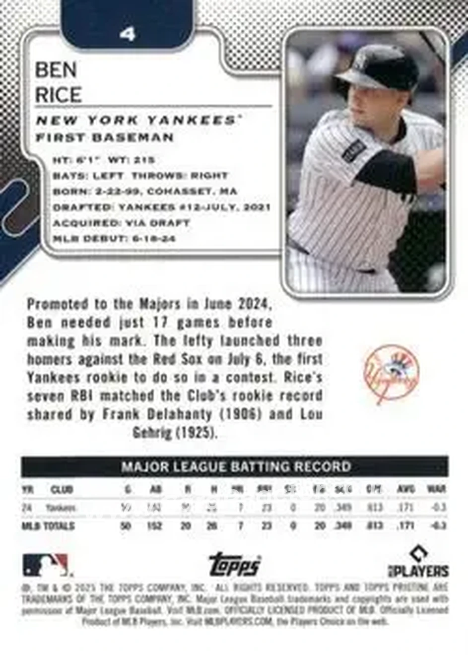 2025 Topps Pristine #4 - Ben Rice - New York Yankees - Back