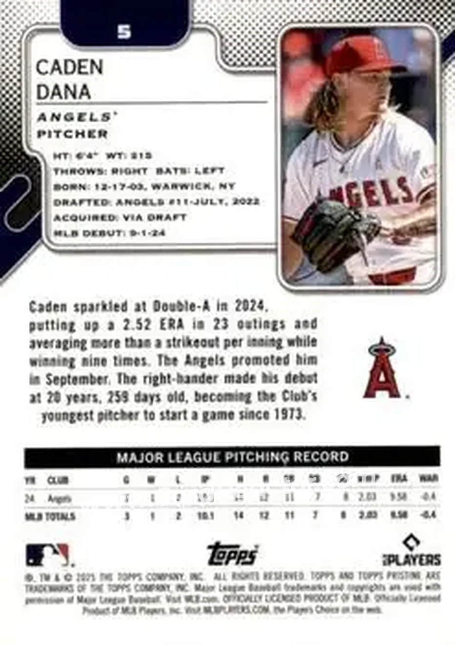 2025 Topps Pristine #5 - Caden Dana - Los Angeles Angels - Back