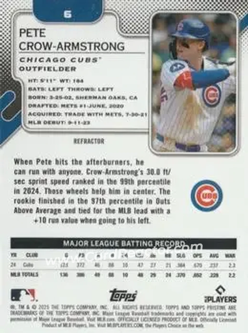 2025 Topps Pristine #6 - Pete Crow-Armstrong - Chicago Cubs - Back