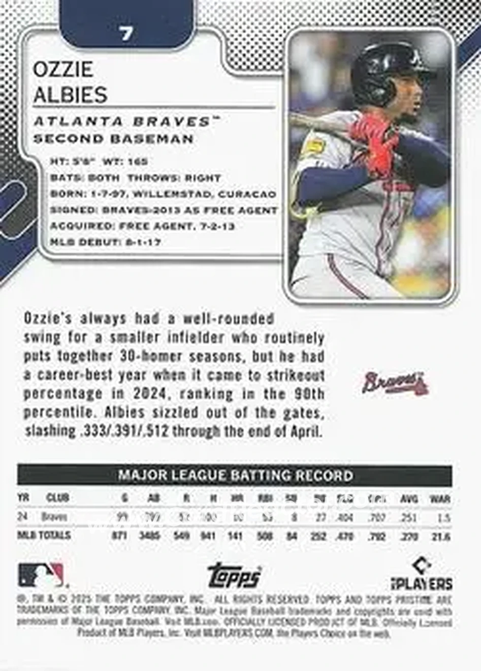 2025 Topps Pristine #7 - Ozzie Albies - Atlanta Braves - Back