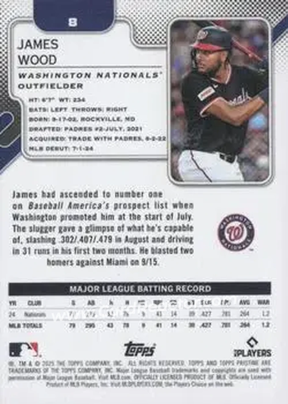 2025 Topps Pristine #8 - James Wood - Washington Nationals - Back 2025 Topps Pristine #8 - James Wood - Washington Nationals - Back