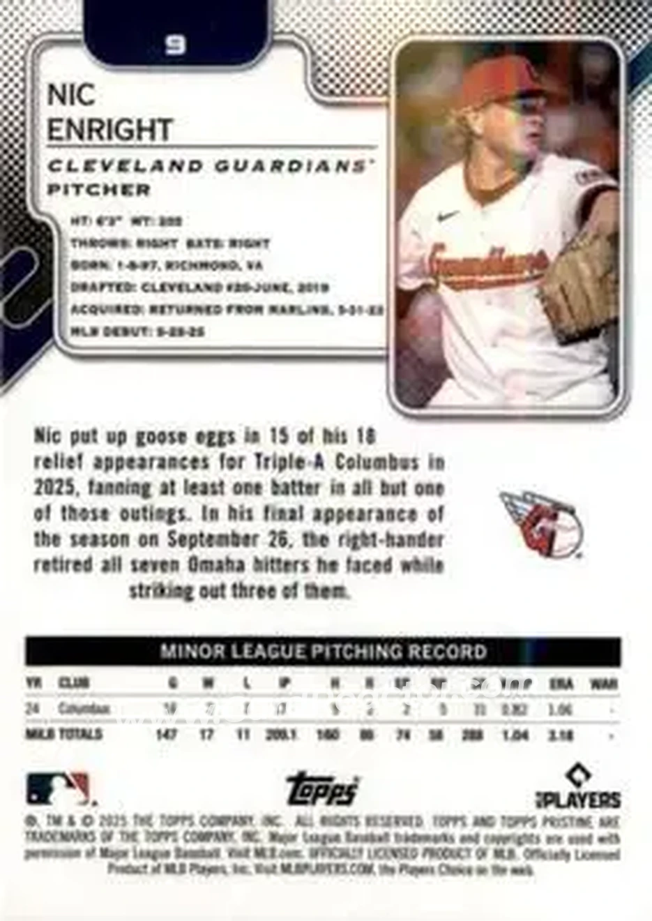 2025 Topps Pristine #9 - Nic Enright - Cleveland Guardians - Back