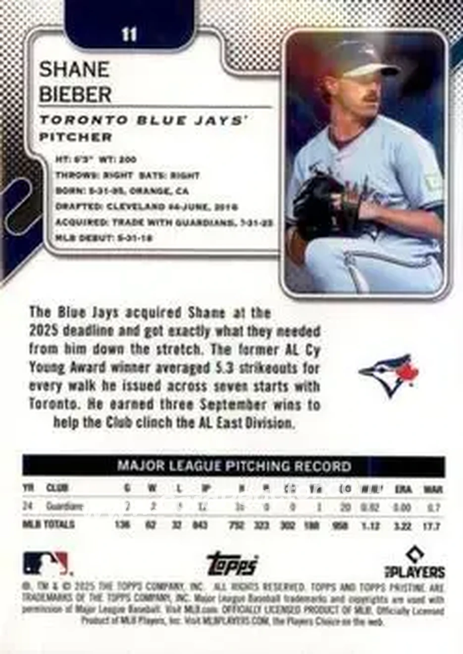 2025 Topps Pristine #11 - Shane Bieber - Toronto Blue Jays - Back