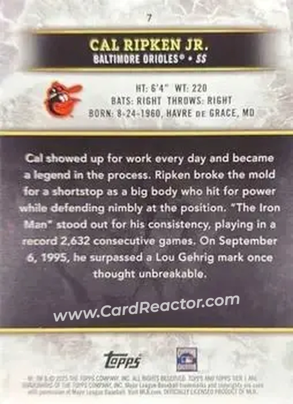 2025 Topps Tier One #7 - Cal Ripken - Baltimore Orioles - Back