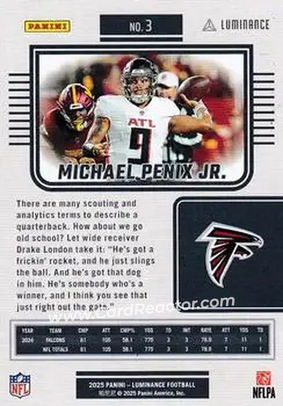 2025 Panini Luminance #3 - Michael Penix Jr. - Atlanta Falcons - Back
