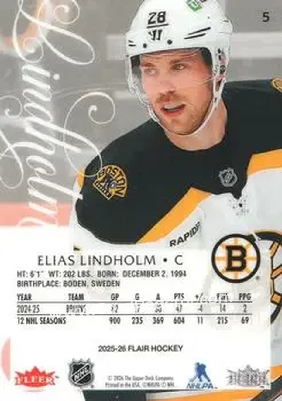 2025-26 Flair #5 - Elias Lindholm - Boston Bruins - Back