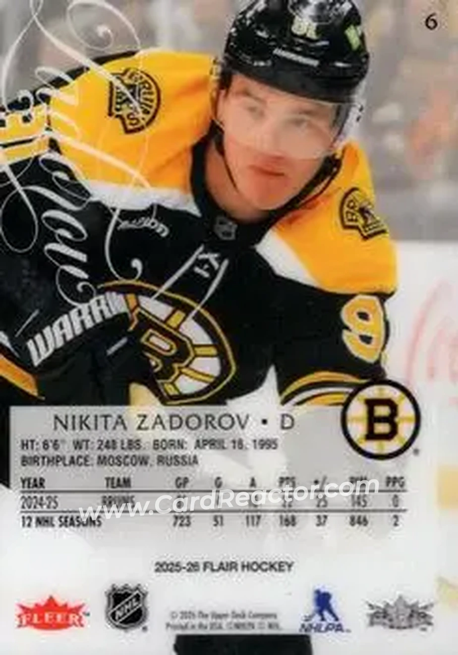 2025-26 Flair #6 - Nikita Zadorov - Boston Bruins - Back
