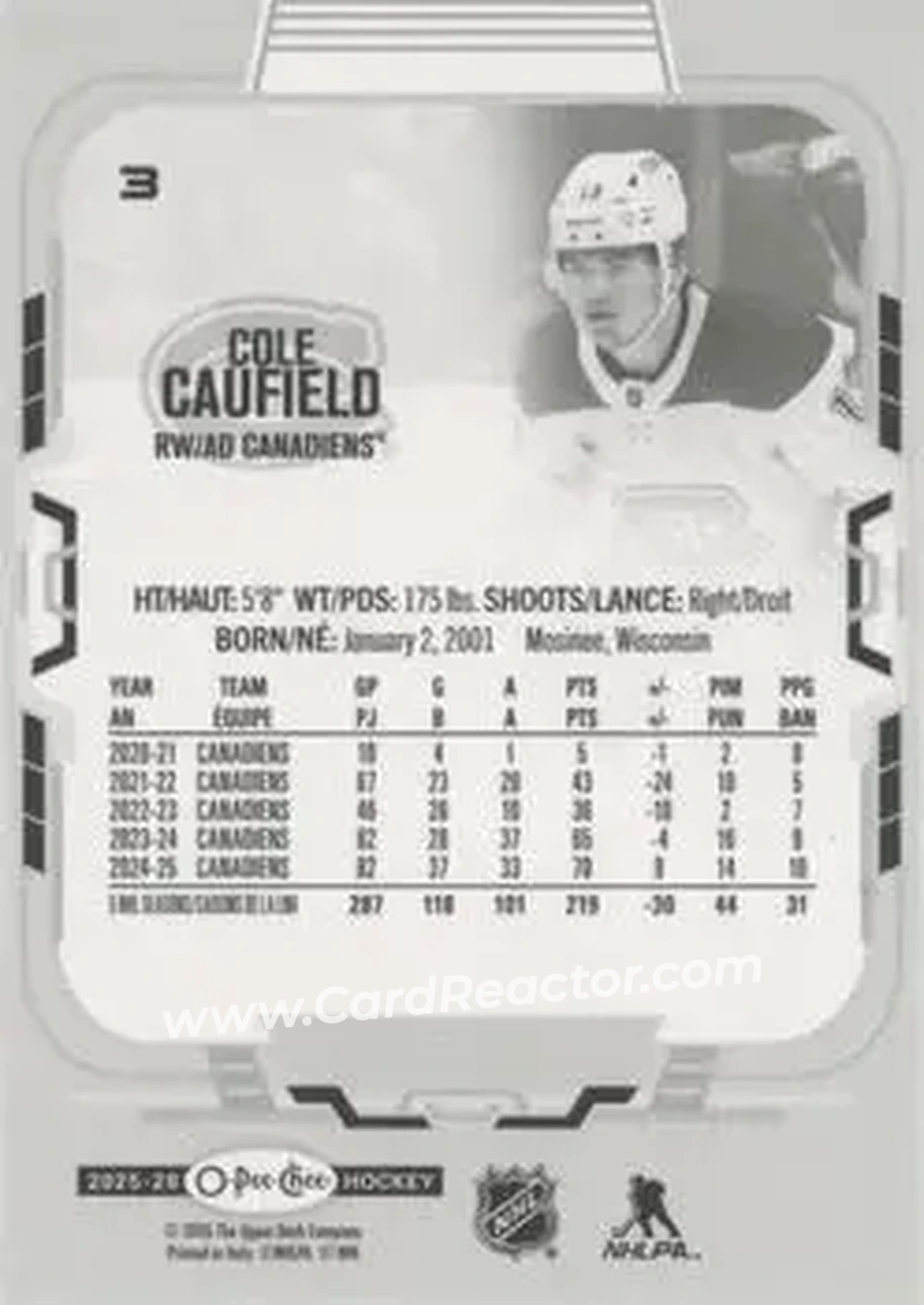 2025-26 O-Pee-Chee #3b - Cole Caufield - Montreal Canadiens - Back