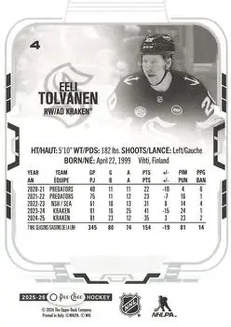 2025-26 O-Pee-Chee #4 - Eeli Tolvanen - Seattle Kraken - Back