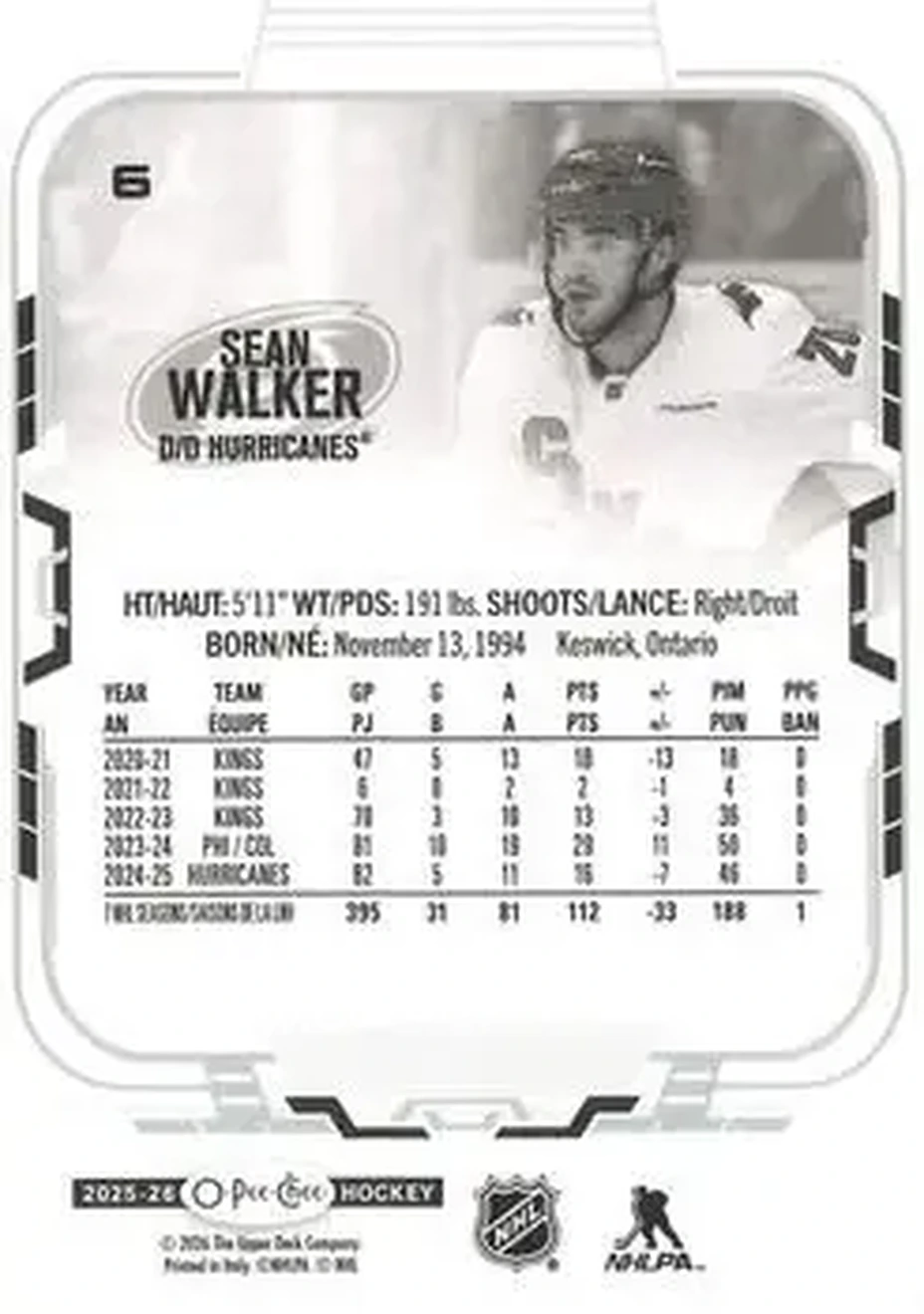 2025-26 O-Pee-Chee #6 - Sean Walker - Carolina Hurricanes - Back