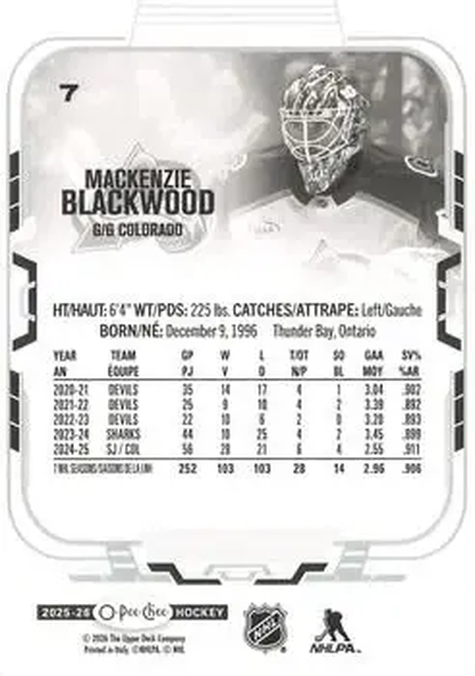 2025-26 O-Pee-Chee #7 - Mackenzie Blackwood - Colorado Avalanche - Back